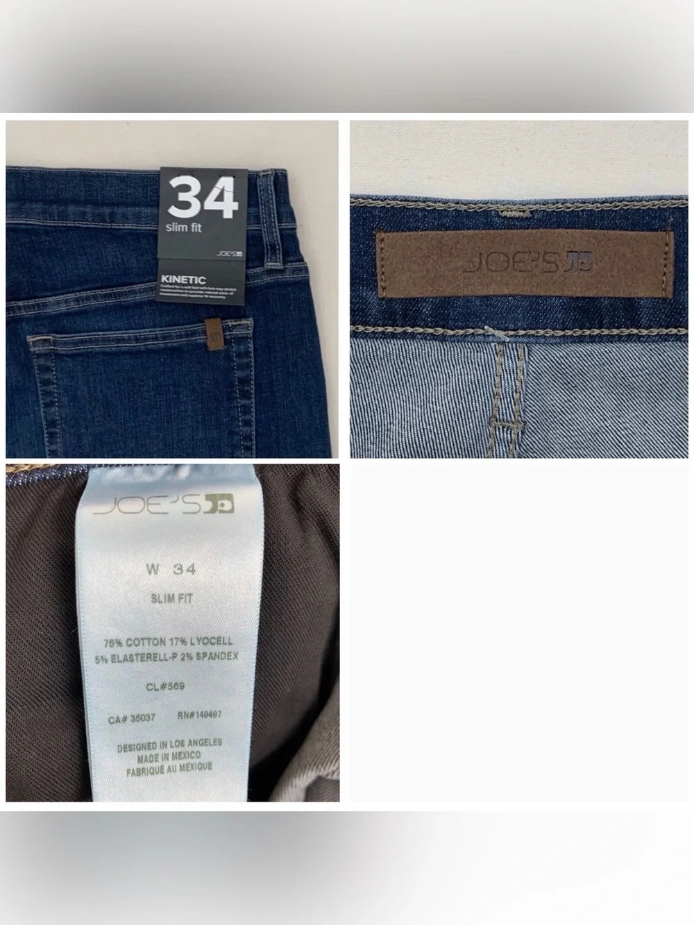 Joes Jeans Kinetic Slim Fit Stretch Dark Wash Denim Blue Jeans 34x32 NWT